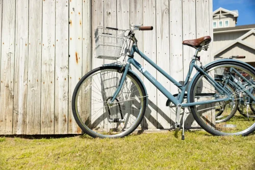 Blue bicycle with basket parked on grass beside rustic wooden shed in sunny coastal setting.